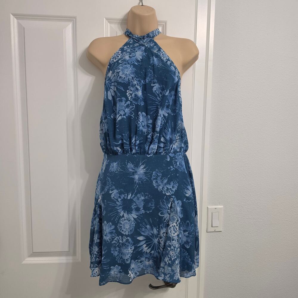 Free People Katerina Dress Womens XS Blue Floral Halter Mini Open Back Boho